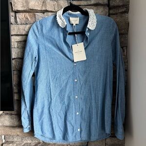 Sezane Light Blue Button-Down Shirt with White Crochet Collar